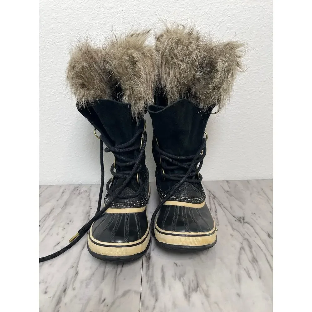 Sorel Joan of Arctic Boots Womens 7 Black Suede Faux Fur Waterproof Winter Snow